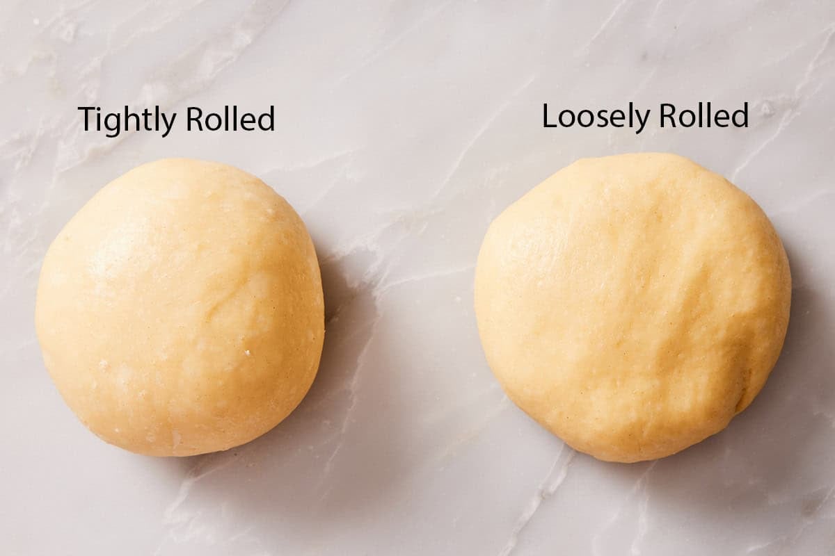 Comparison image showing tightly rolled versus loosely rolled brioche bun dough.