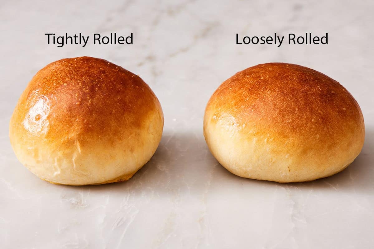 Comparison image showing baked brioche buns made with tightly rolled and loosely rolled dough.