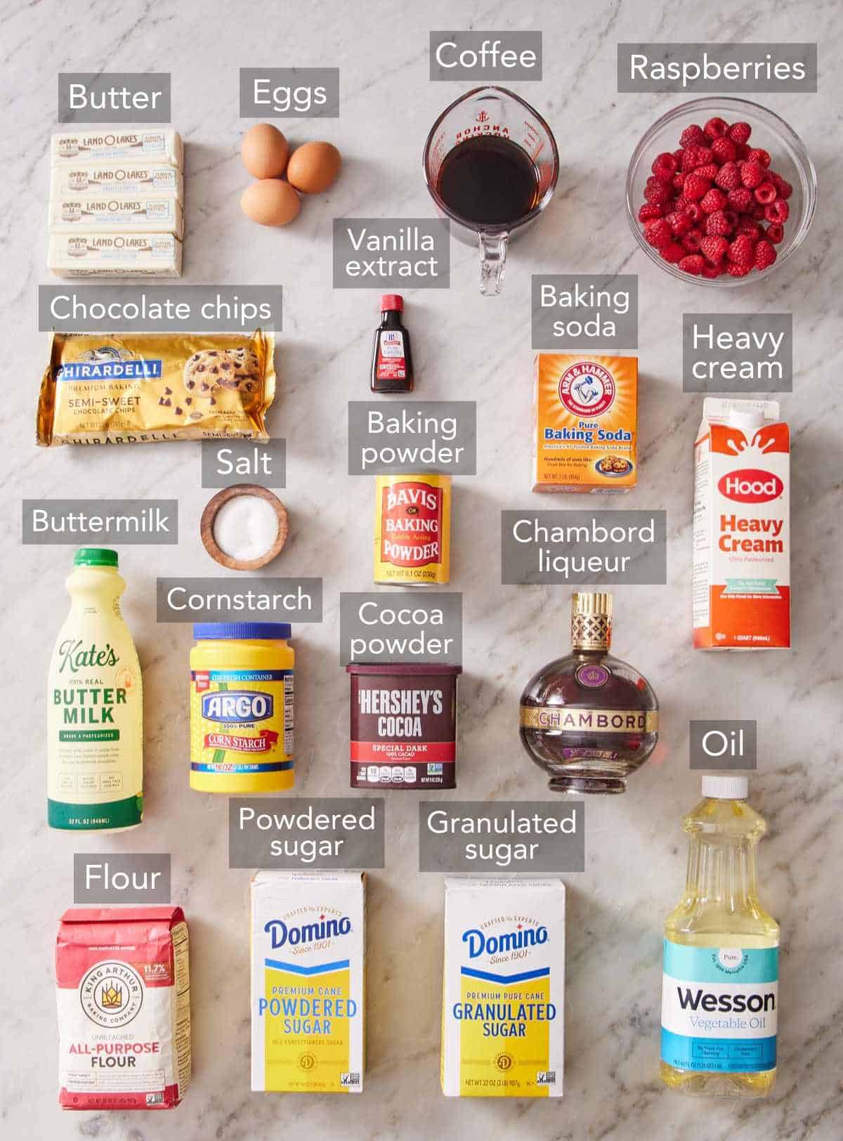 Ingredients for chocolate raspberry cake.