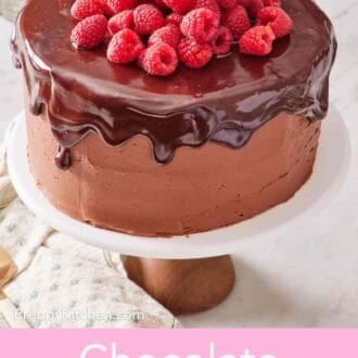 Pinterest graphic showing homemade chocolate raspberry cake, on a cake stand, topped with fresh raspberries.