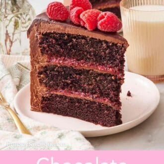 Pinterest graphic showing a slice of homemade chocolate raspberry cake on a small plate with a glass of milk and another slice of cake behind it.