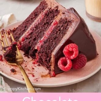 Pinterest graphic showing a partially eaten slice of chocolate raspberry cake laying on its side on a plate with a fork next to it.