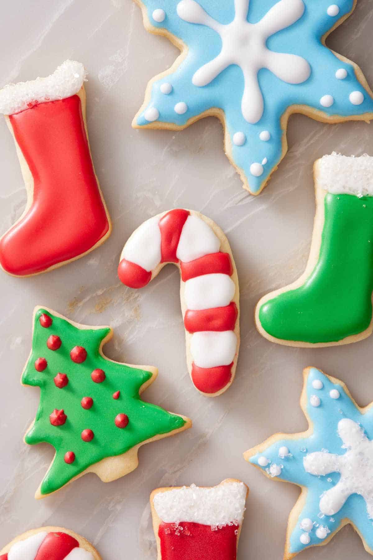 Overhead view of decorated Christmas cookies.