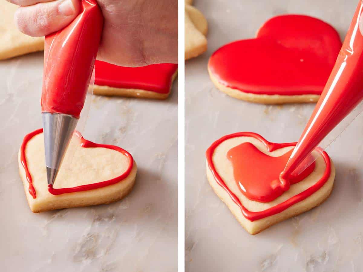 Set of two images showing a cookie flooded with icing.