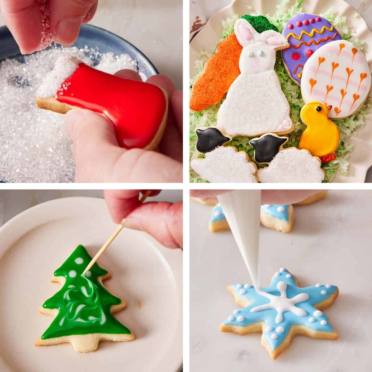 Four images showing different cookie decorating techniques.