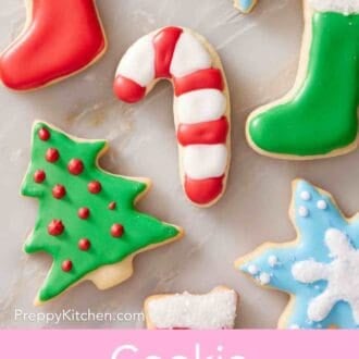 Pinterest graphic showing decorated Christmas cookies in different shapes.