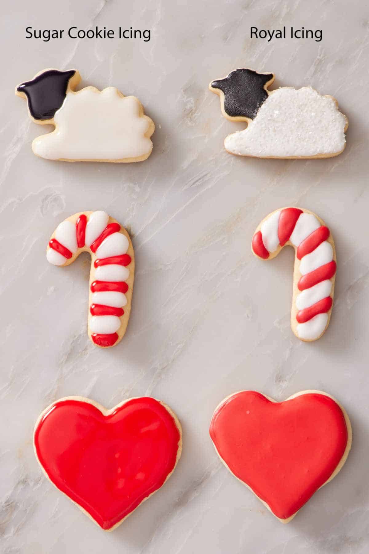 Six cookies, three decorated with sugar cookie icing, the other three with royal icing.