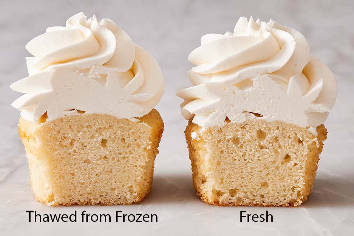Two cupcakes cut in half to show their texture when thawed from frozen versus fresh.