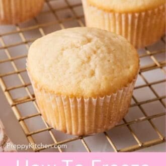 Pinterest graphic showing a close-up of unfrosted cupcakes on a wire rack.