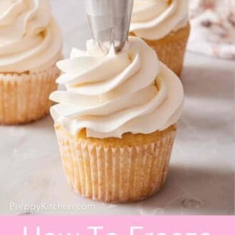 Pinterest graphic showing a vanilla cupcake frosted with buttercream with a piping tip.