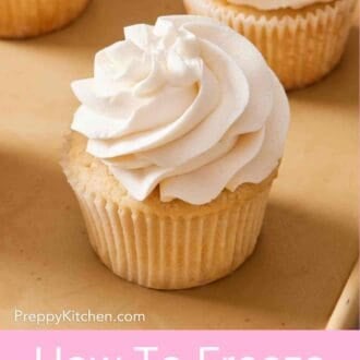 Pinterest graphic showing a frosted vanilla cupcake with more out of focus in the background.