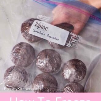 Pinterest graphic showing plastic-wrapped chocolate cupcakes placed in a Ziploc bag for freezing.
