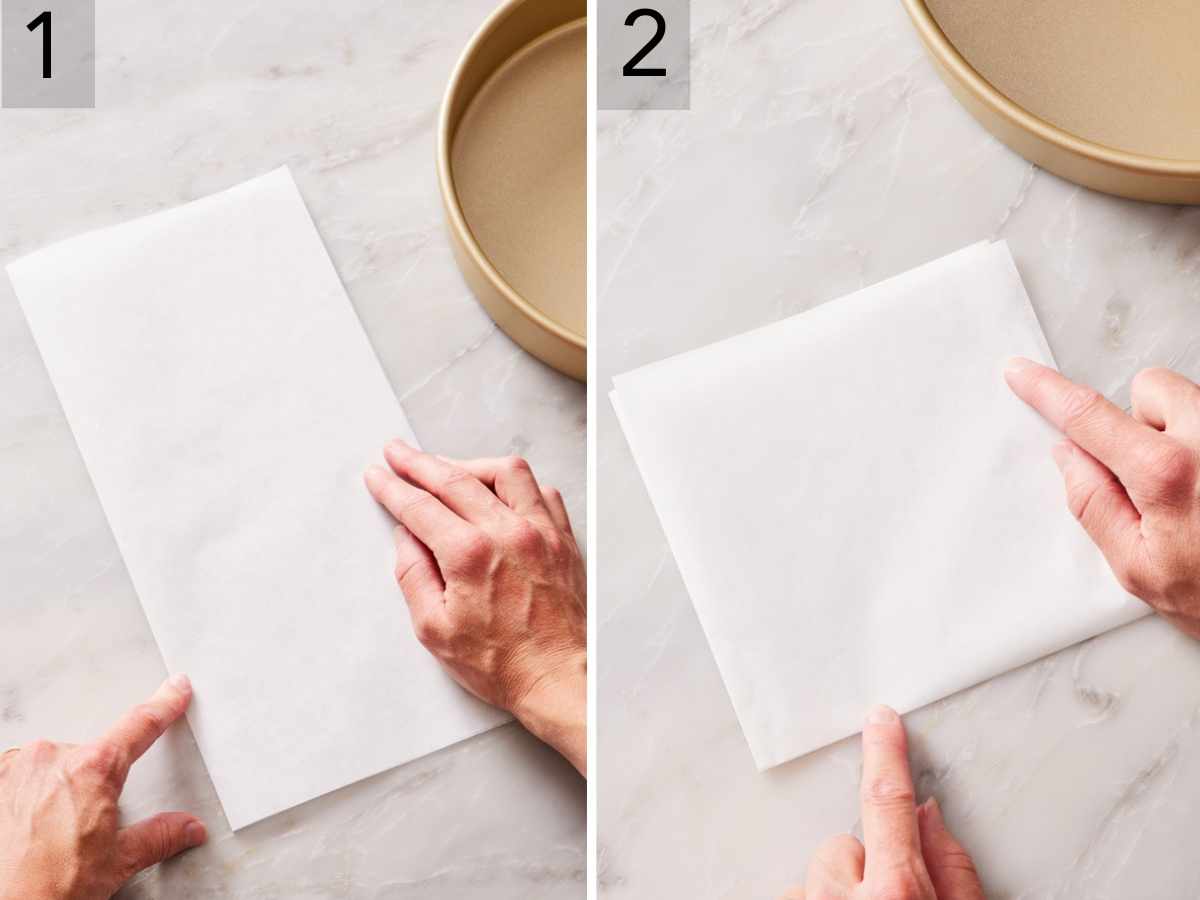 Set of two images showing parchment paper folded in half twice to make a square.