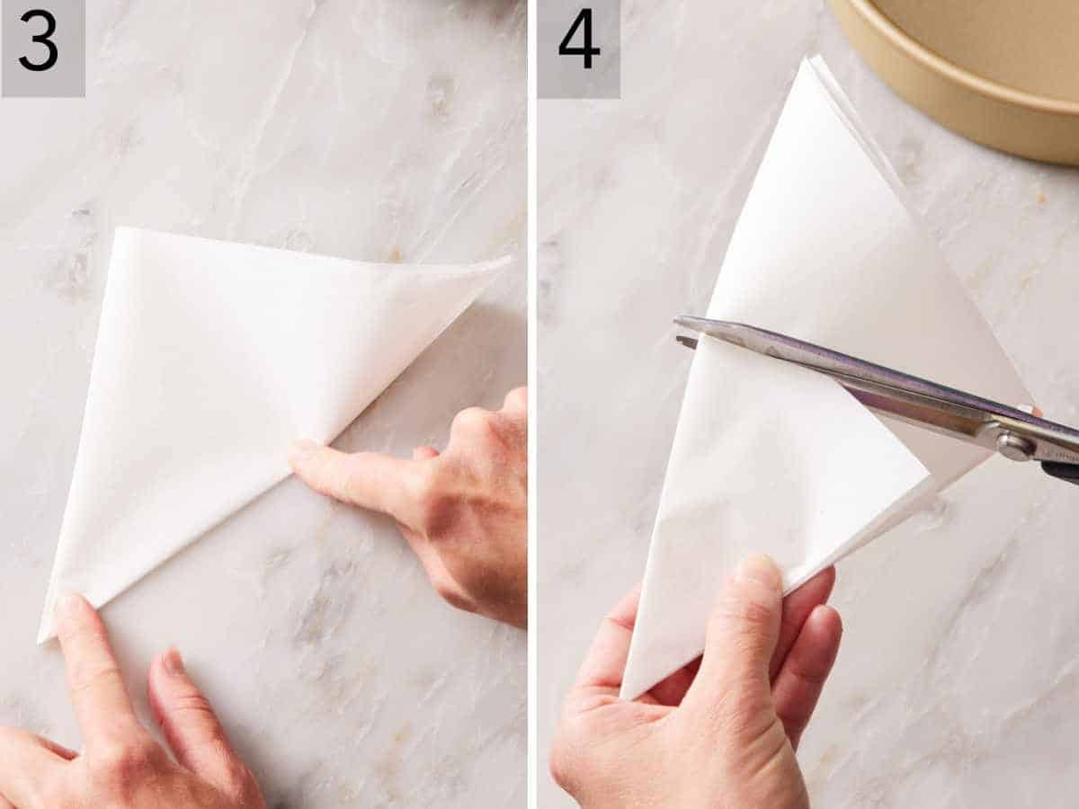 Set of two images showing parchment paper folded into a triangle and cut.