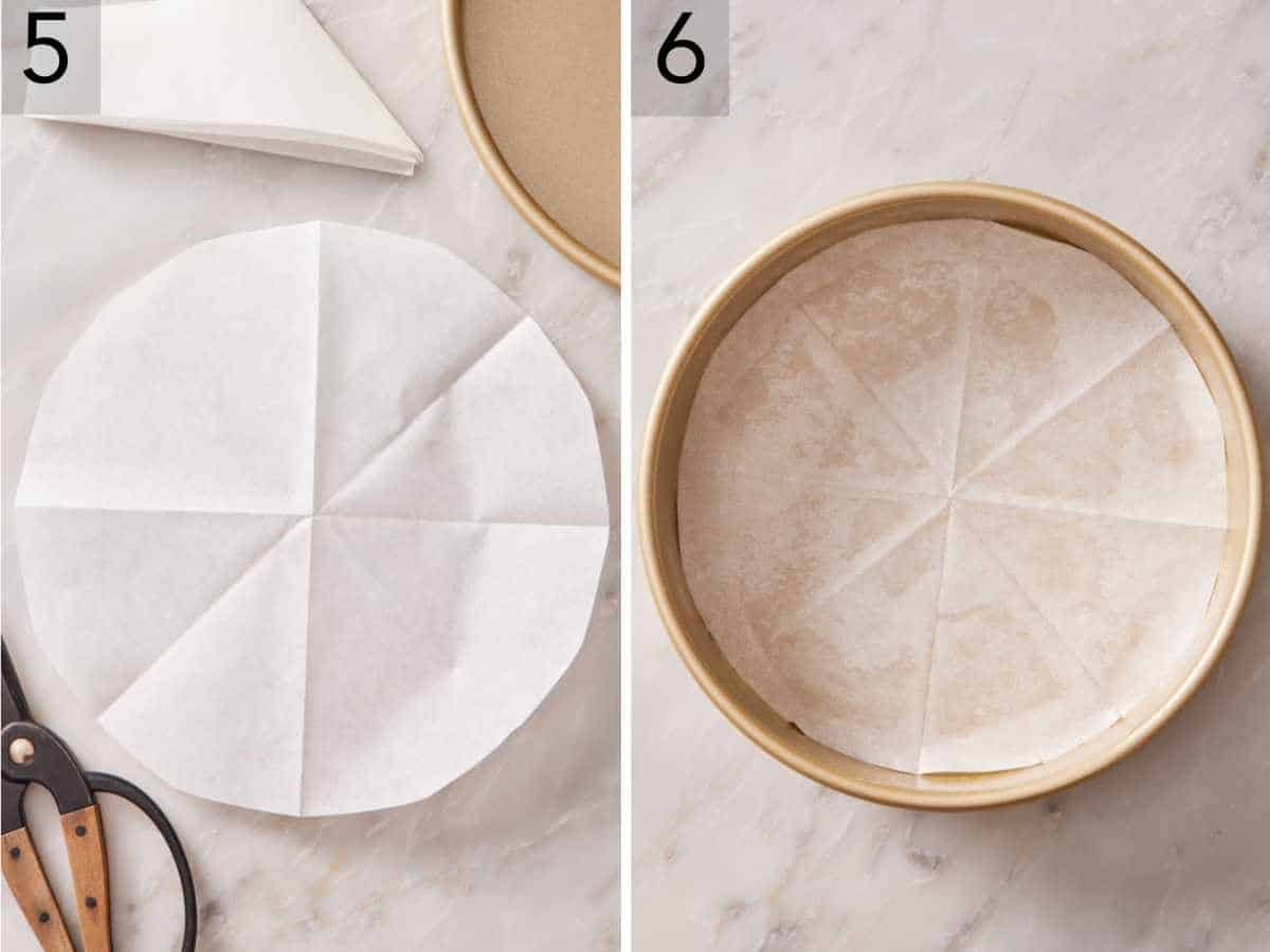 Set of two images showing parchment paper unfolded to show its circular shape, and placed in the bottom of a cake pan.