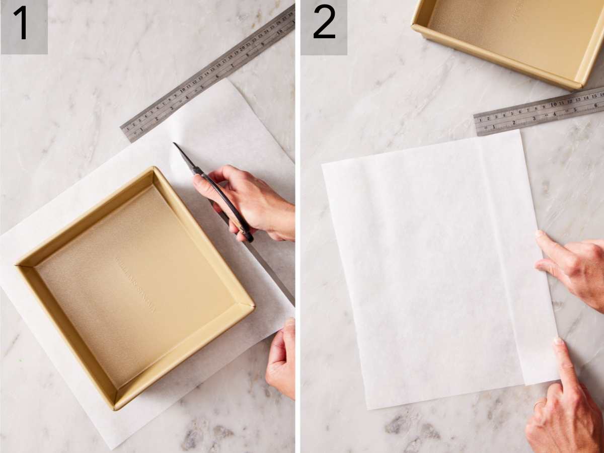 Set of two images showing parchment paper measured and cut to line a square cake pan.