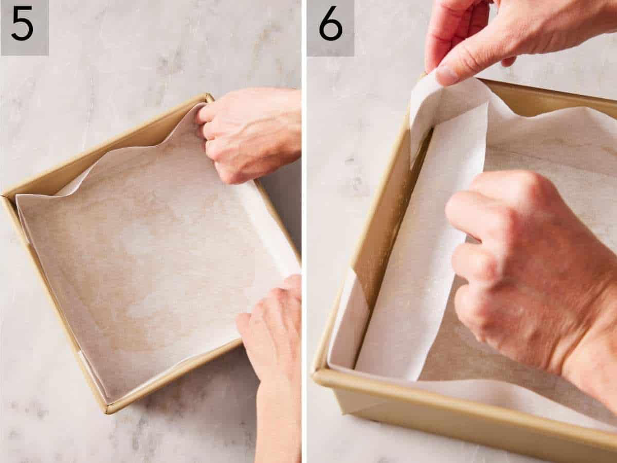 Set of two images showing parchment paper placed in cake pan.