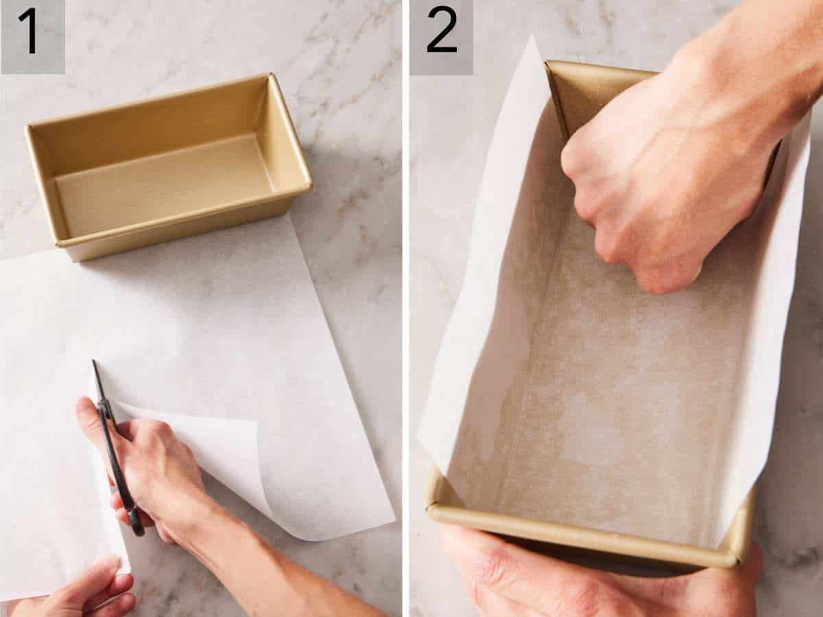 Set of two images showing parchment paper cut into a sling and placed into a loaf pan.
