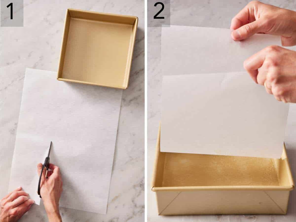 Set of two images showing parchment paper measured for a square pan sling.