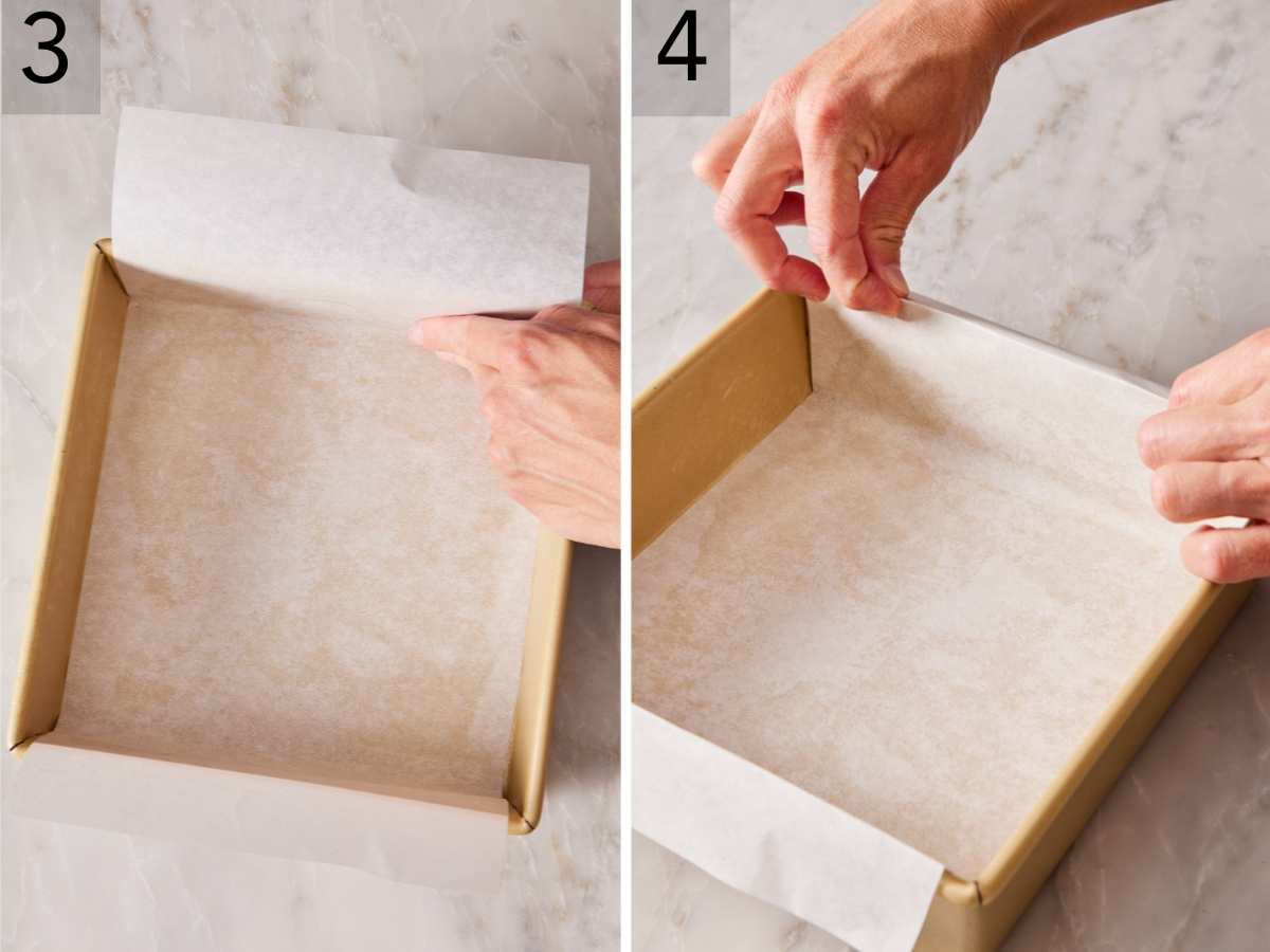 Set of two images showing parchment paper placed in cake pan and folded.
