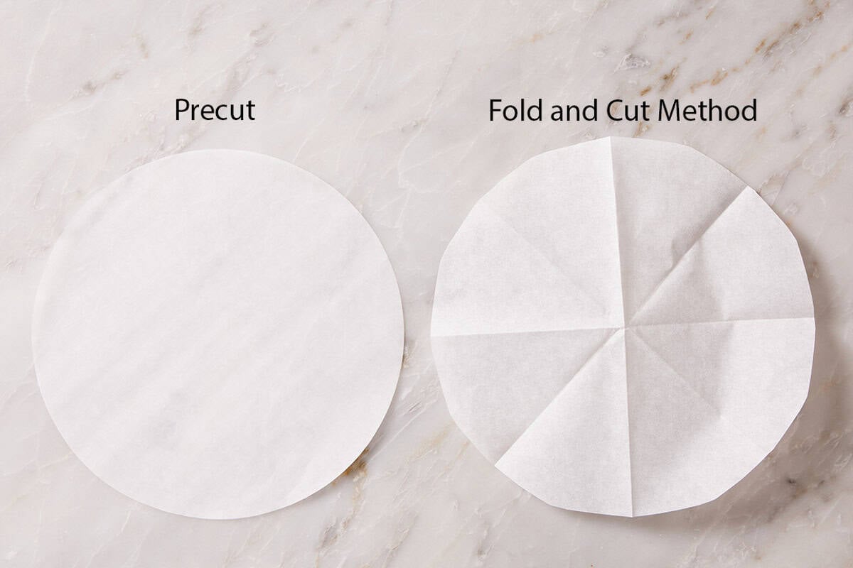 Comparison image of precut parchment paper and the fold and cut method.