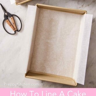Pinterest graphic showing an overhead shot of parchment paper slings in square and rectangular cake pans.