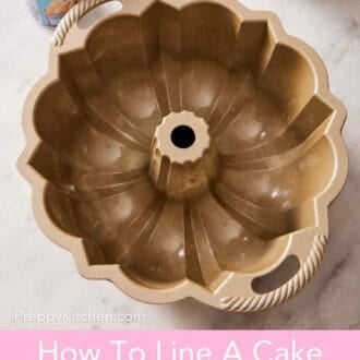 Pinterest graphic showing a greased Bundt pan with a can of baking spray next to it.