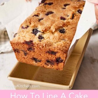 Pinterest graphic showing a quick bread lifted out of the pan using the parchment paper sling.