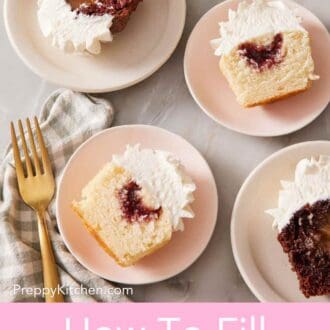 Pinterest graphic showing an overhead view of halved cupcakes on plates showing the filling.