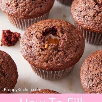 Pinterest graphic showing chocolate cupcakes on a countertop, all filled with caramel.