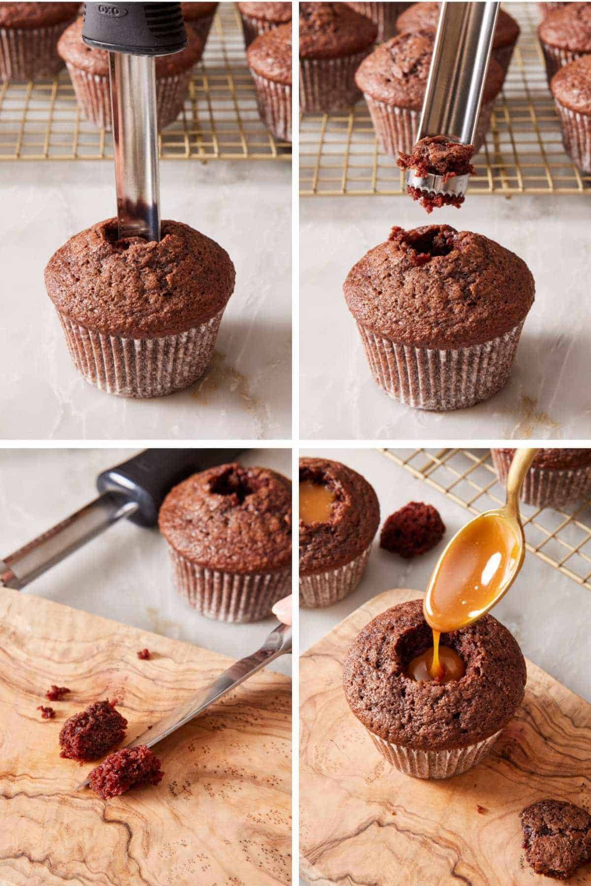 Set of four images showing how to fill cupcakes using the apple corer method.