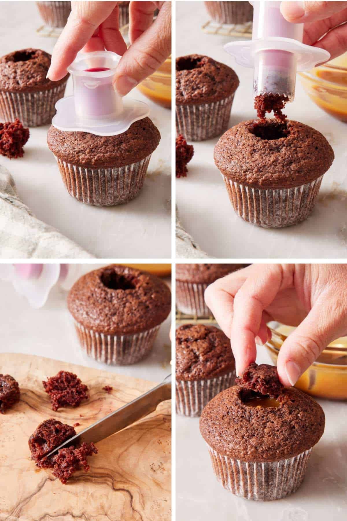 Set of four images showing how to fill cupcakes with a cupcake corer.