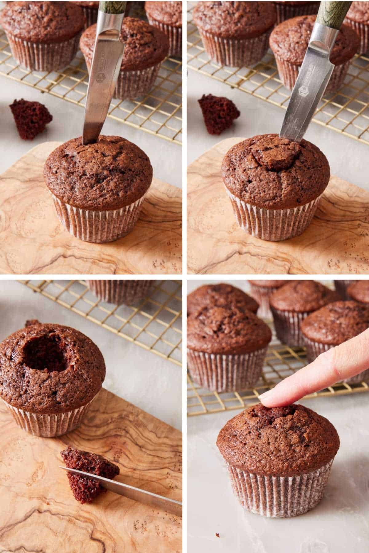 Set of four images showing how to fill cupcakes using a paring knife.