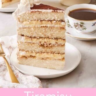 Pinterest graphic showing a slice of four-layer tiramisu cake on a plate with a cup of coffee and another slice in the background.