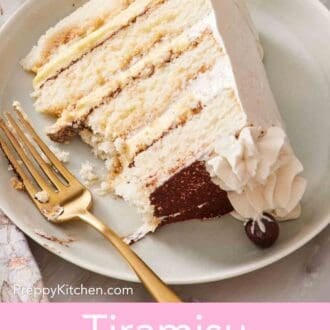 Pinterest graphic showing a close-up of a slice of tiramisu cake with a few forkfuls removed.