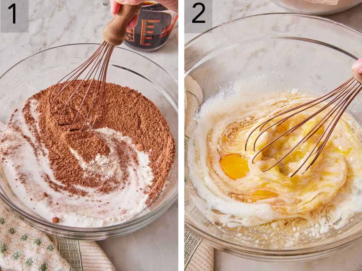 Set of two images showing dry ingredients whisked in one bowl, and wet ingredients whisked together in another.