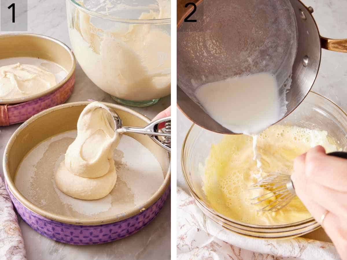 Set of two images showing the cake layers added to cake pans, and egg custard whisked in a bowl.