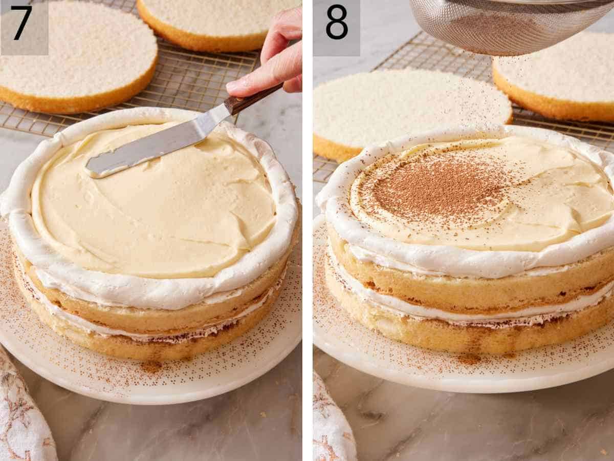 Set of two images showing tiramisu cake assembled with frosting and dusted with cocoa powder in the middle of assembly.