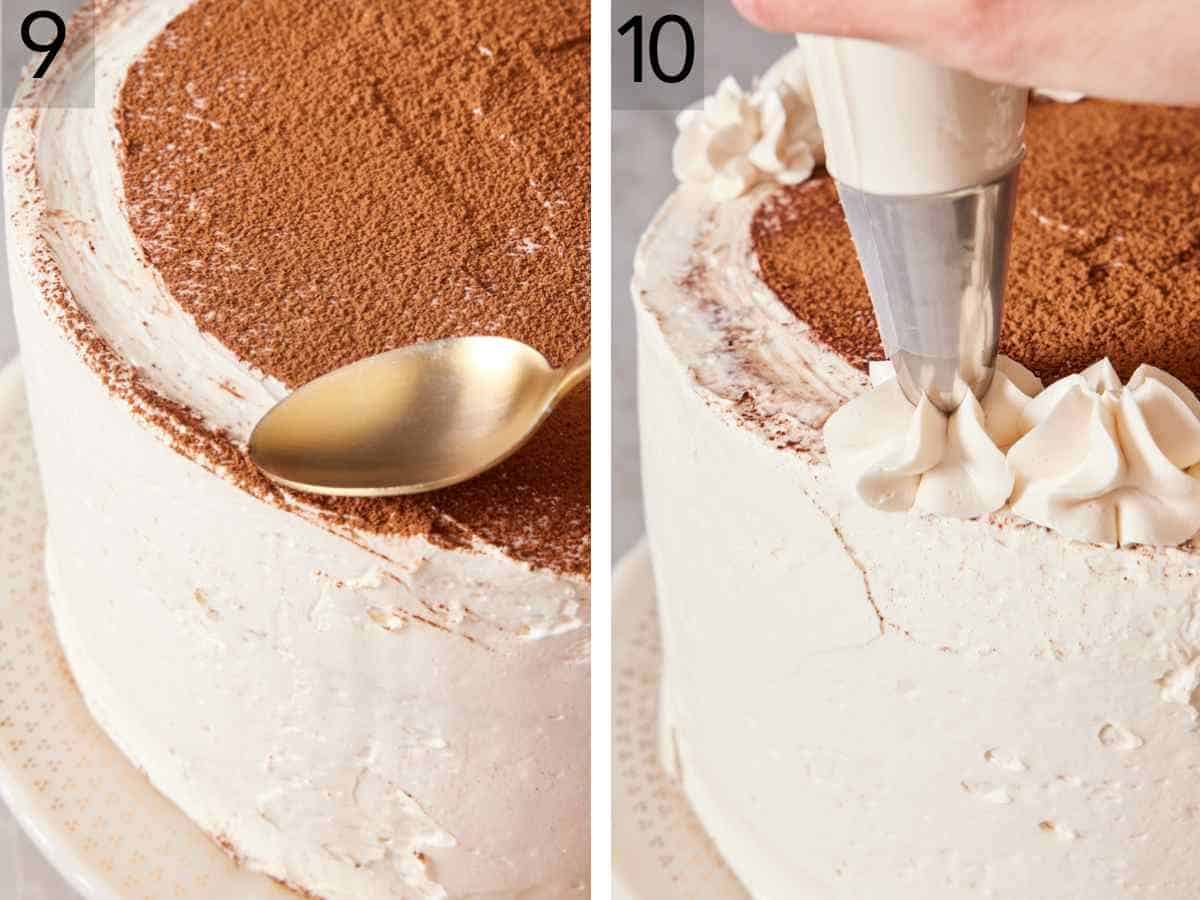 Set of two images showing the top of the tiramisu cake decorated.