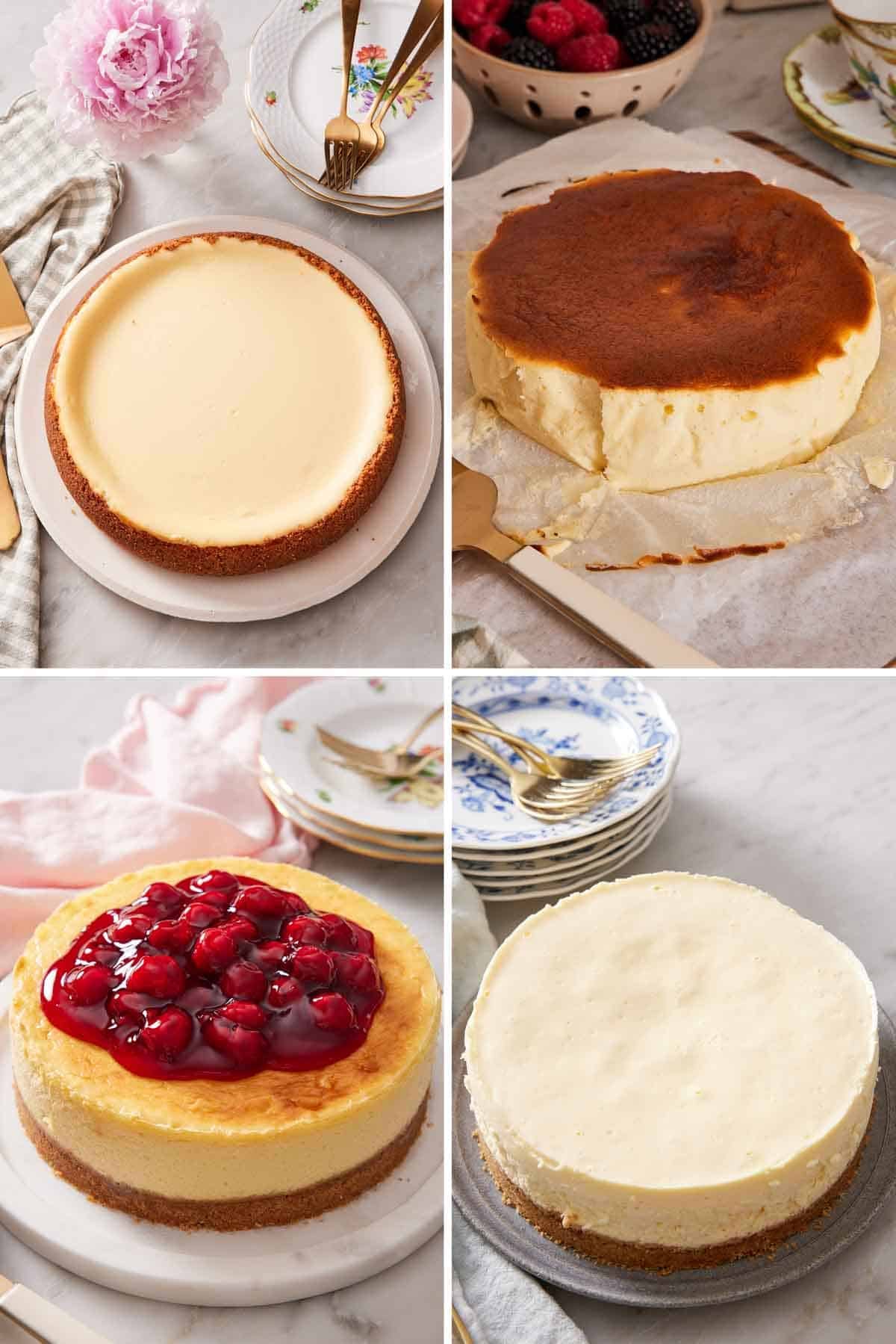 A collage of four images of cheesecakes.