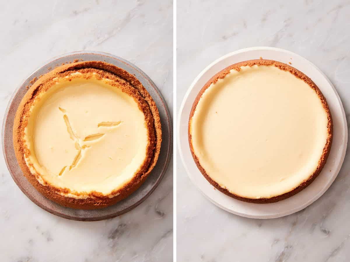 Comparison image showing a crack-free and a cracked cheesecake surface.