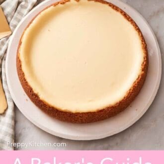 Pinterest graphic showing a whole baked cheesecake on a large plate.