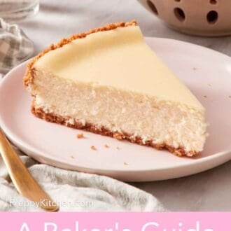 Pinterest graphic showing a slice of cheesecake on a plate with a bowl of berries mostly out of frame in the background.