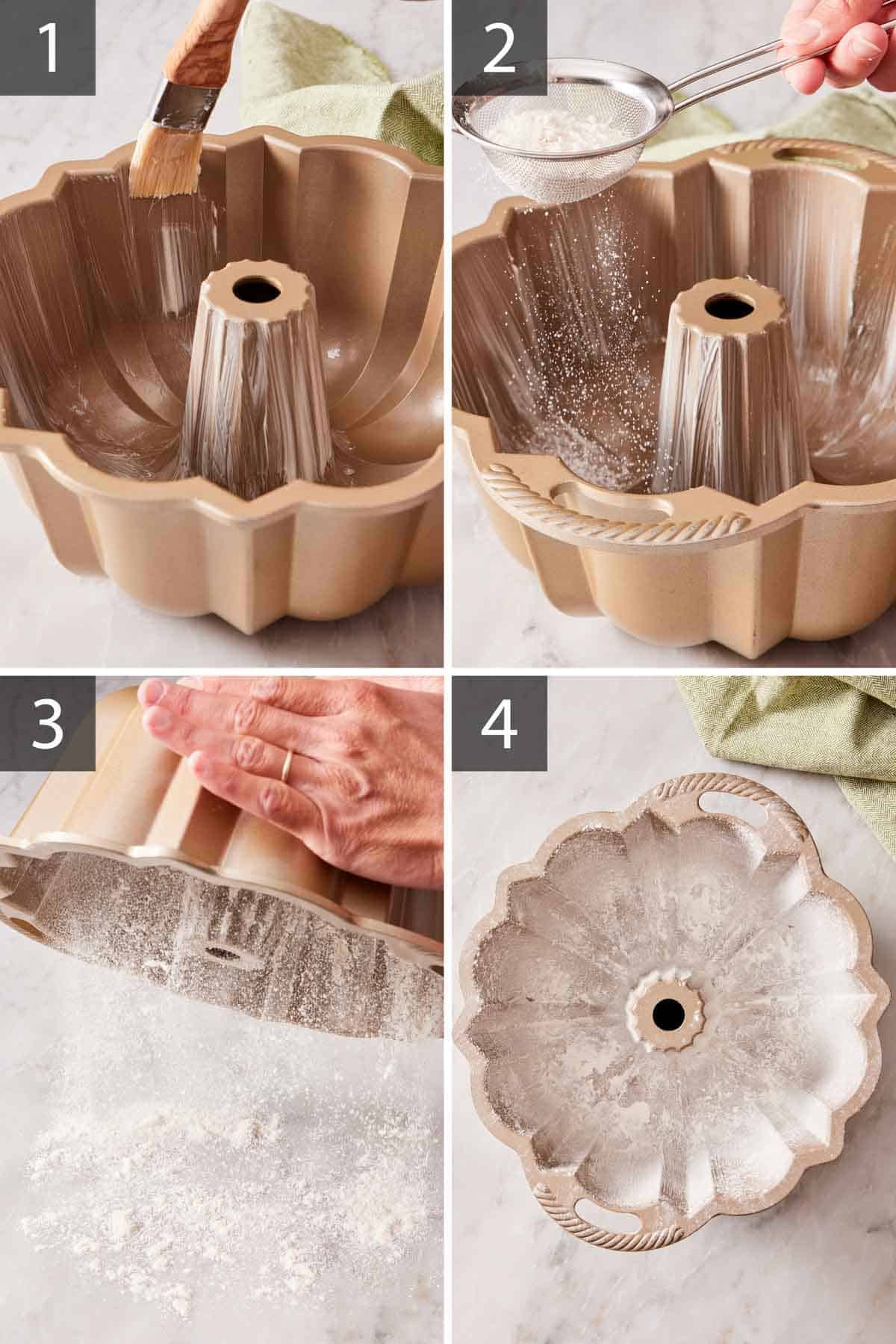 Set of four images showing how to prepare a Bundt pan.