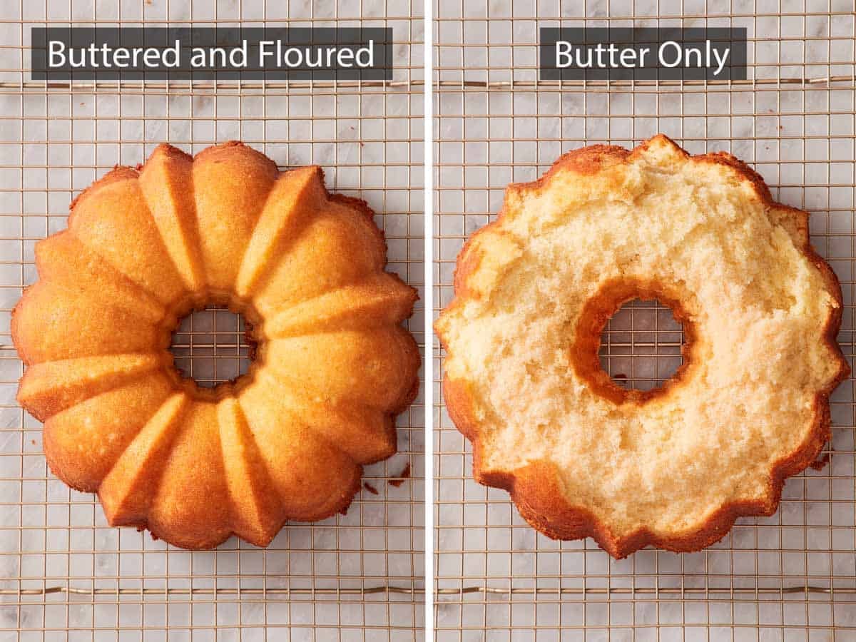 Comparison image showing Bundt cake baked in a buttered and floured pan, versus a buttered only pan.