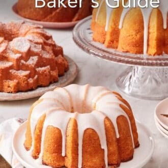 Pinterest graphic showing Bundt cakes on cake stands and plates, all set on a marble countertop.