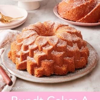 Pinterest graphic showing a Bundt cake dusted with powdered sugar, with other Bundt cakes in the background.