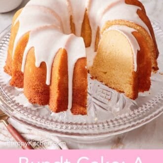 Pinterest graphic showing an iced Bundt cake on a cake stand.