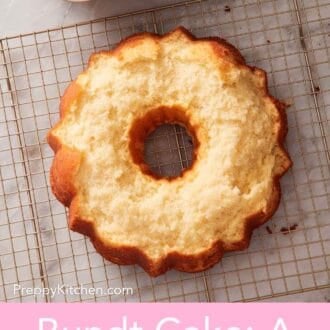 Pinterest graphic showing an overhead shot showing a Bundt cake on a wire rack, with some of the cake still stuck to the pan, also in frame.