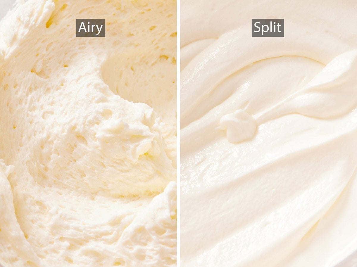 Comparison image showing airy versus split vanilla buttercream.
